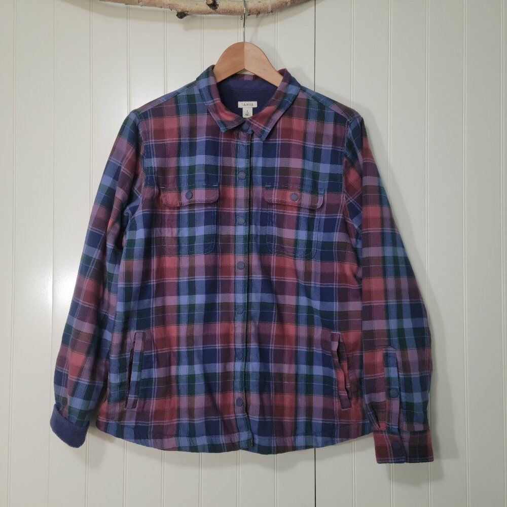 Vtg LL Bean Plaid Flannel Fleece Snap Button Cabincore Granola Girl Shacket L